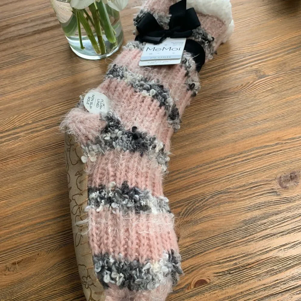 MeMoi Plush Pink and Gray Slipper Socks